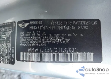 2002 Mini Cooper z USA, uszkodzony, nr VIN WMWRC33472TC37004